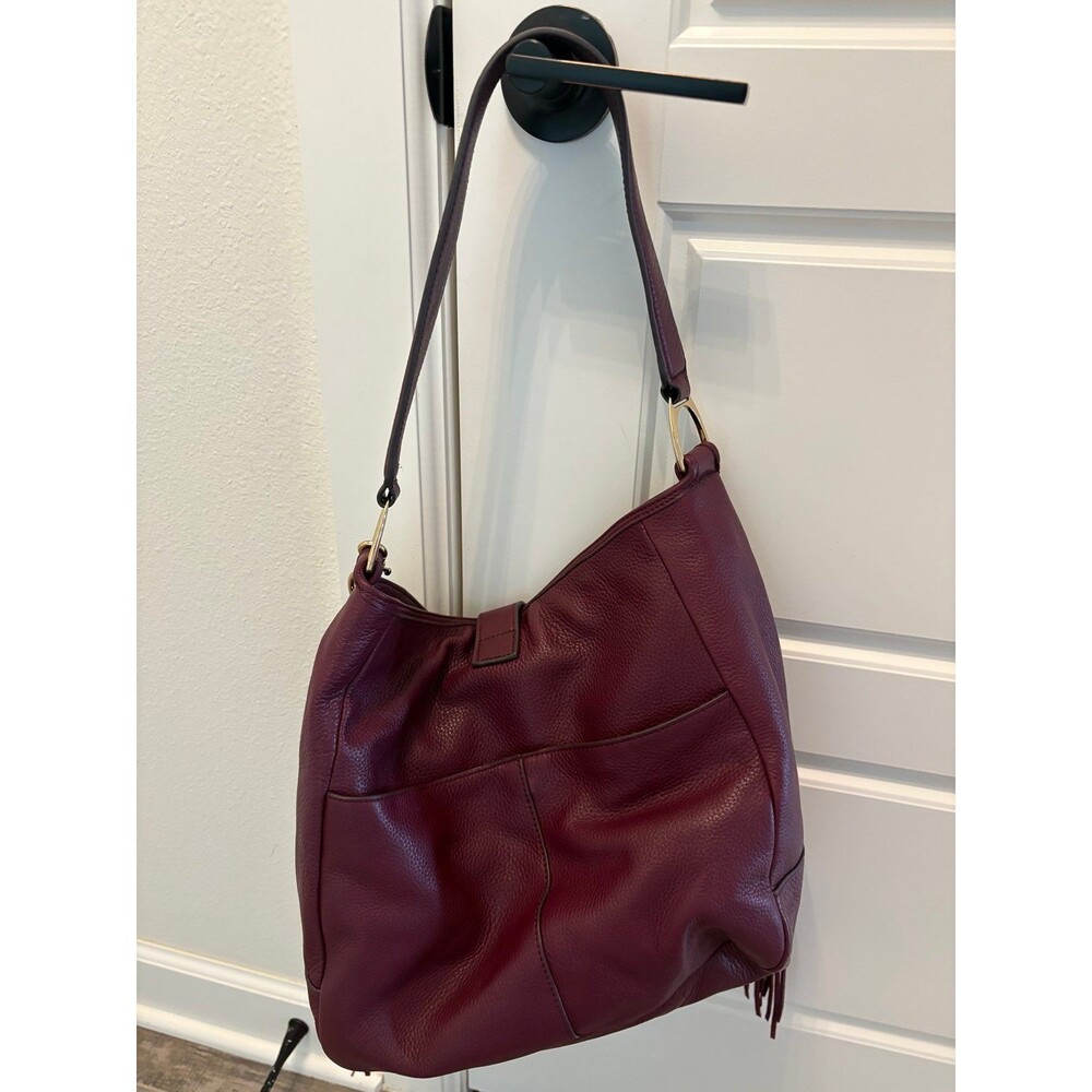 Burgundy Genuine Leather GILI Fringe Slouchy Hobo - Picture 2 of 10